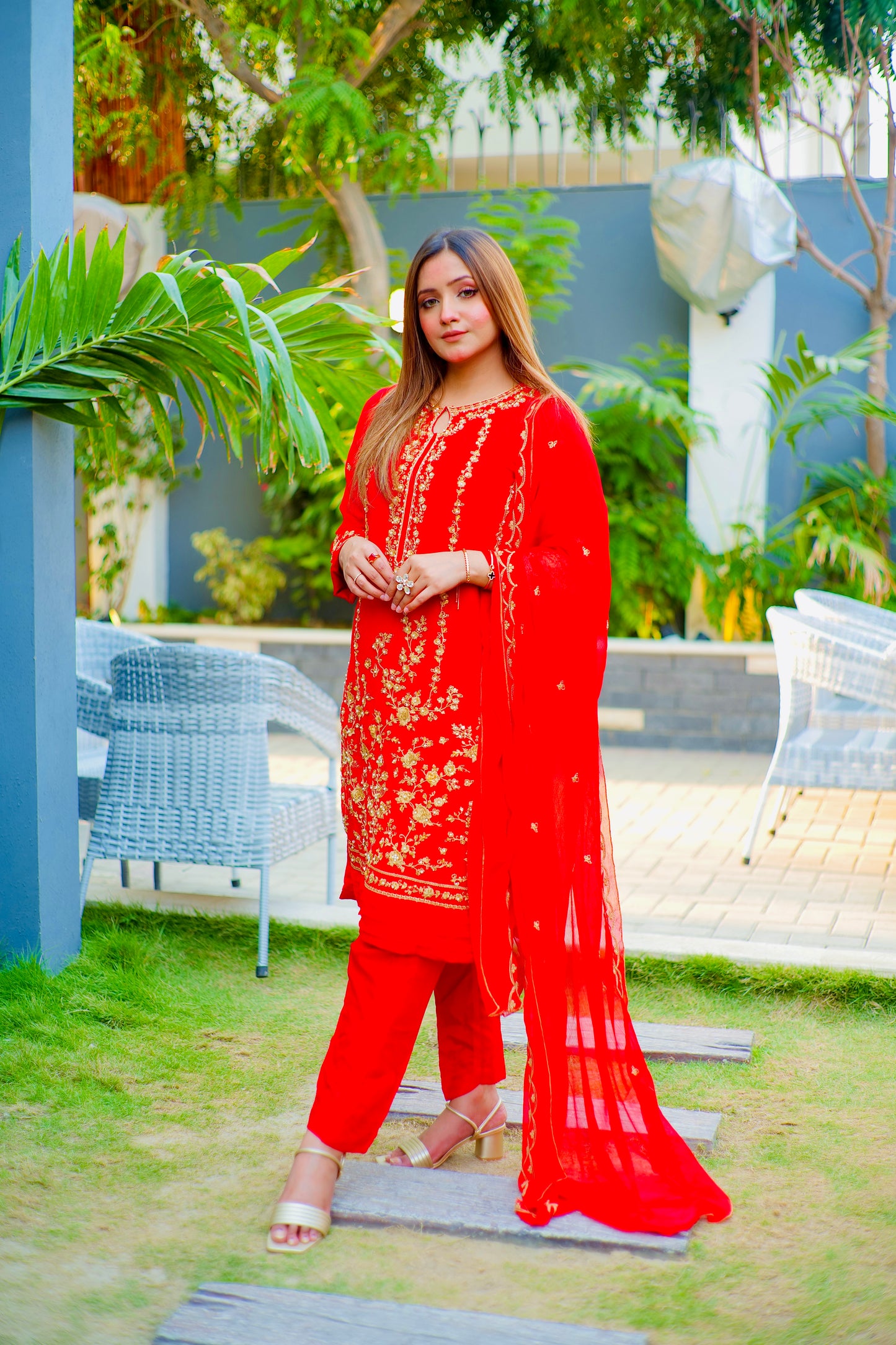 HA RED CHIFFON 3PC SUIT