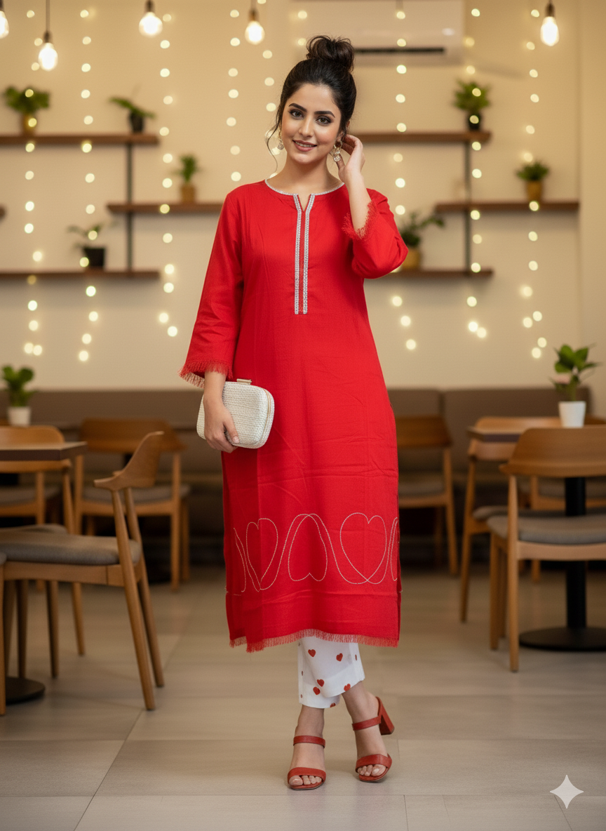 Boho Heart-Embroidered Red & White Cotton Lawn Suit