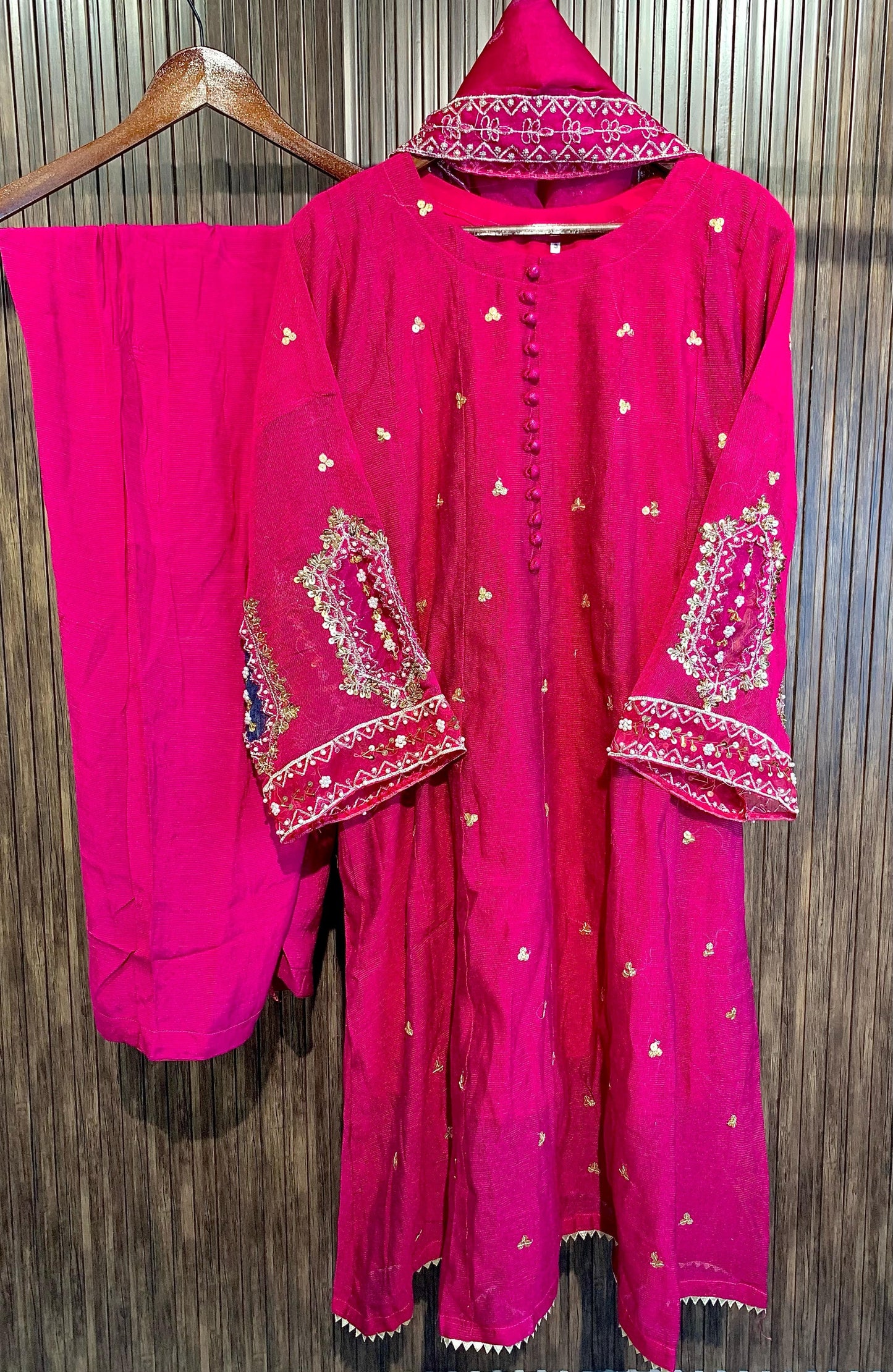 RED - Fancy Embroidered Khaddi Net 3 - Piece Suit