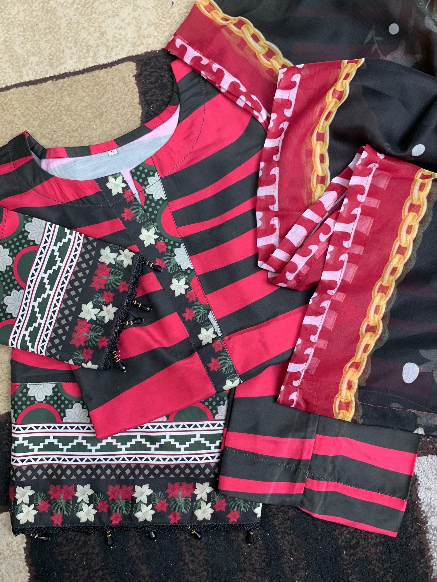 Red- swiss lawn shirt and trouser chiffon dupatta 3pcs Suit