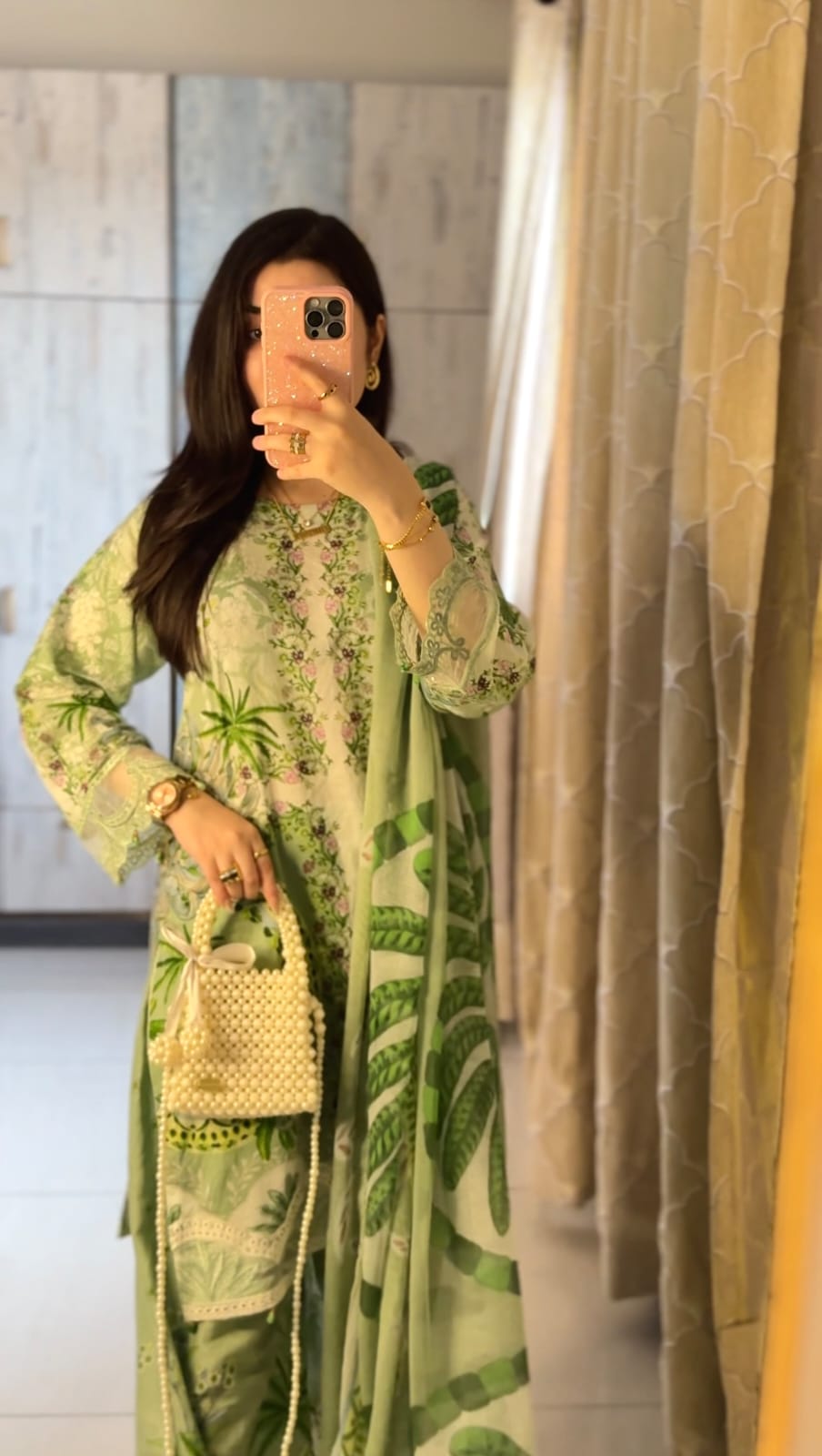 Green - lawn shirt and trouser chiffon dupatta Printed 3pcs Suit