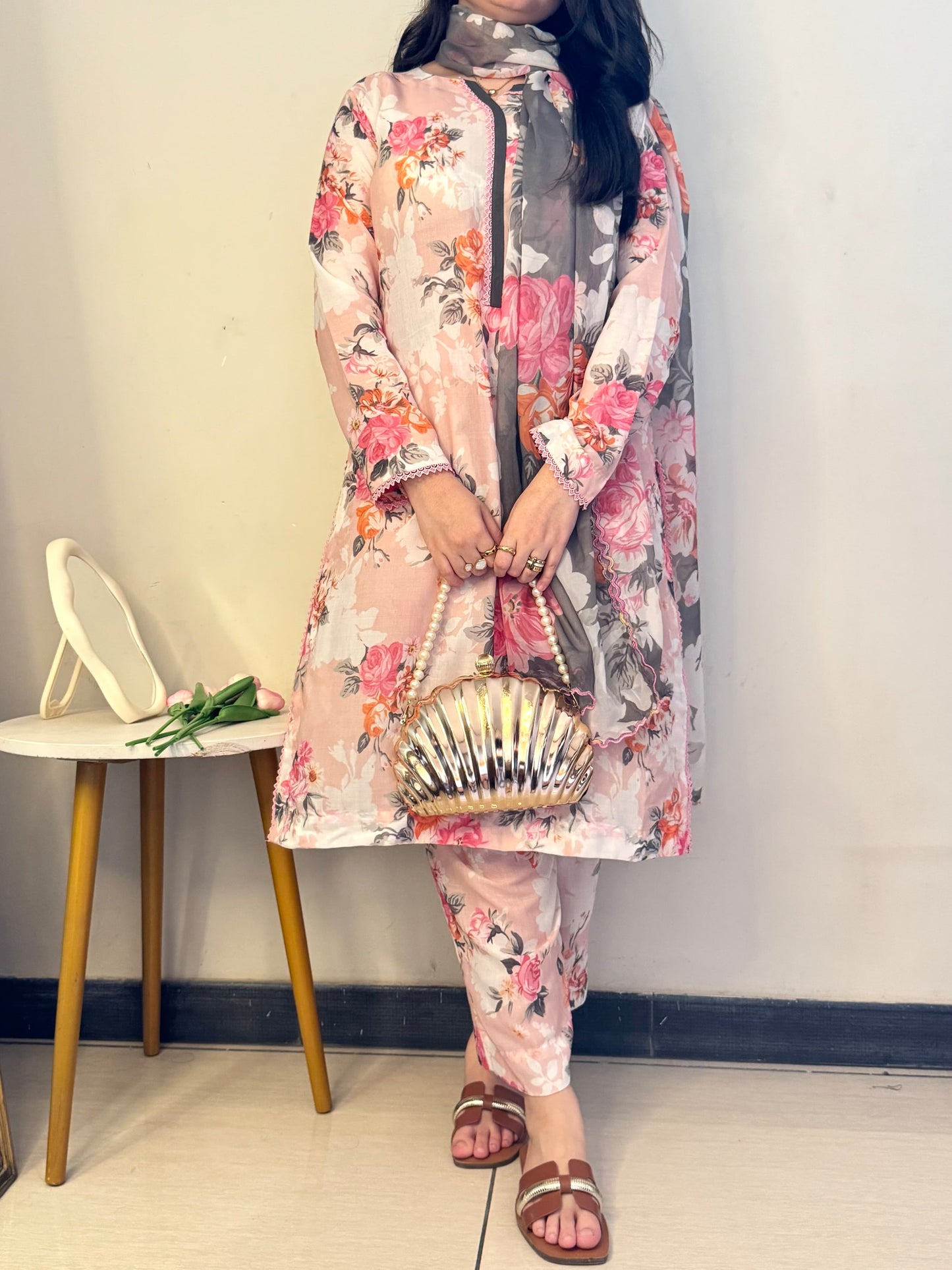 Swiss lawn shirt and trouser Silk dupatta 3pcs Suit