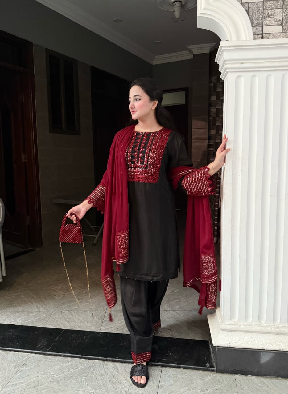 Exclusive Raw Silk Cut Work 3pc Suit ( BLACK )