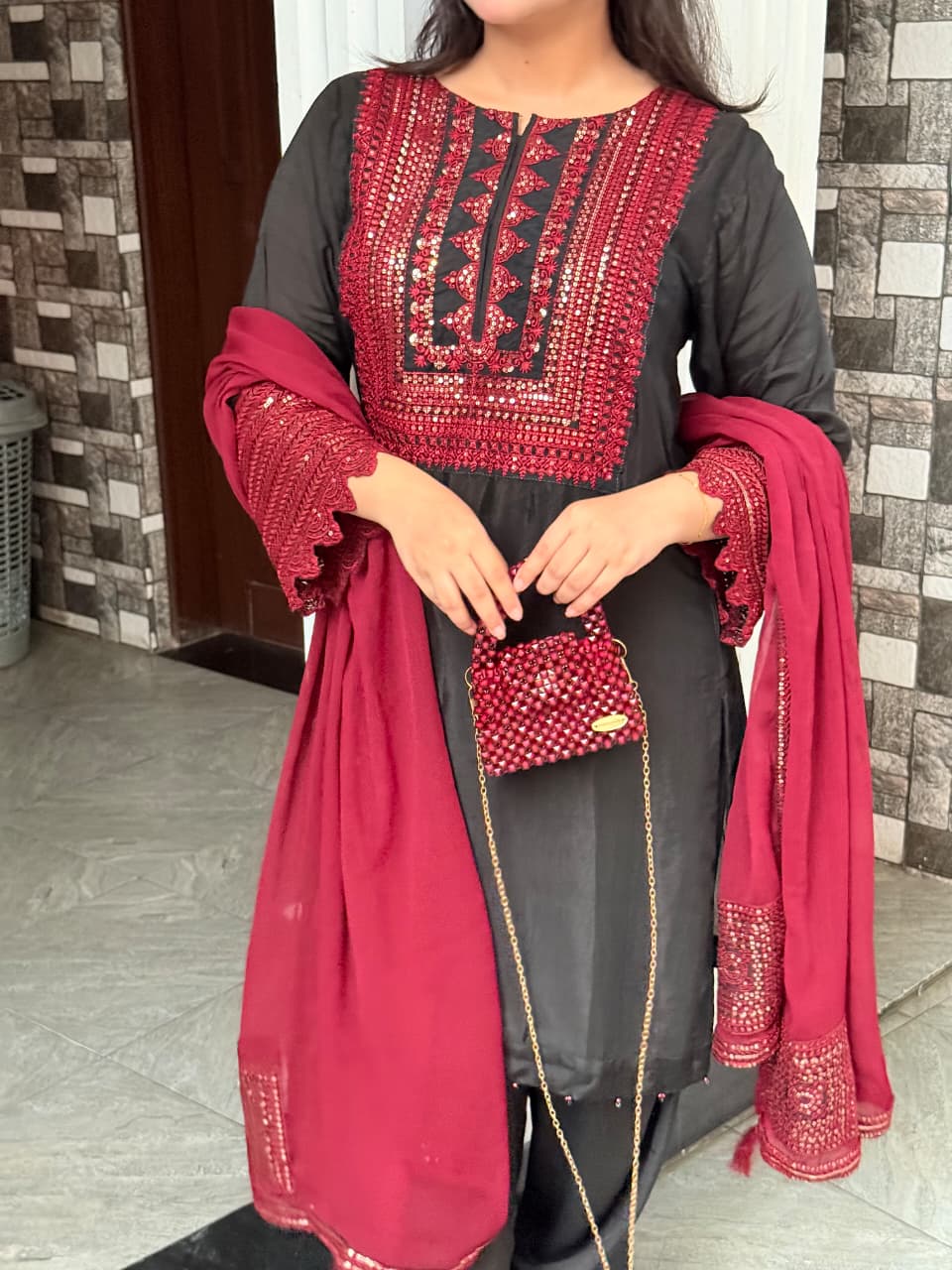 Exclusive Raw Silk Cut Work 3pc Suit ( BLACK )