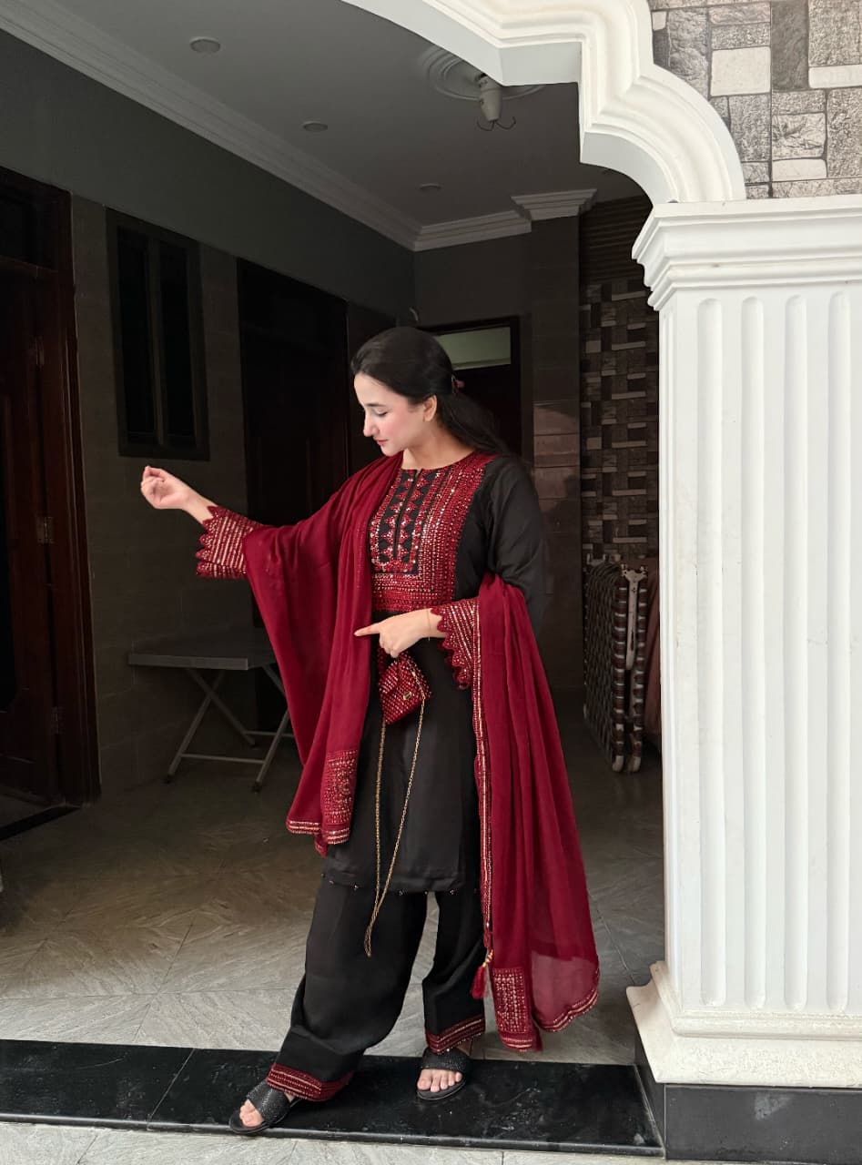 Exclusive Raw Silk Cut Work 3pc Suit ( BLACK )