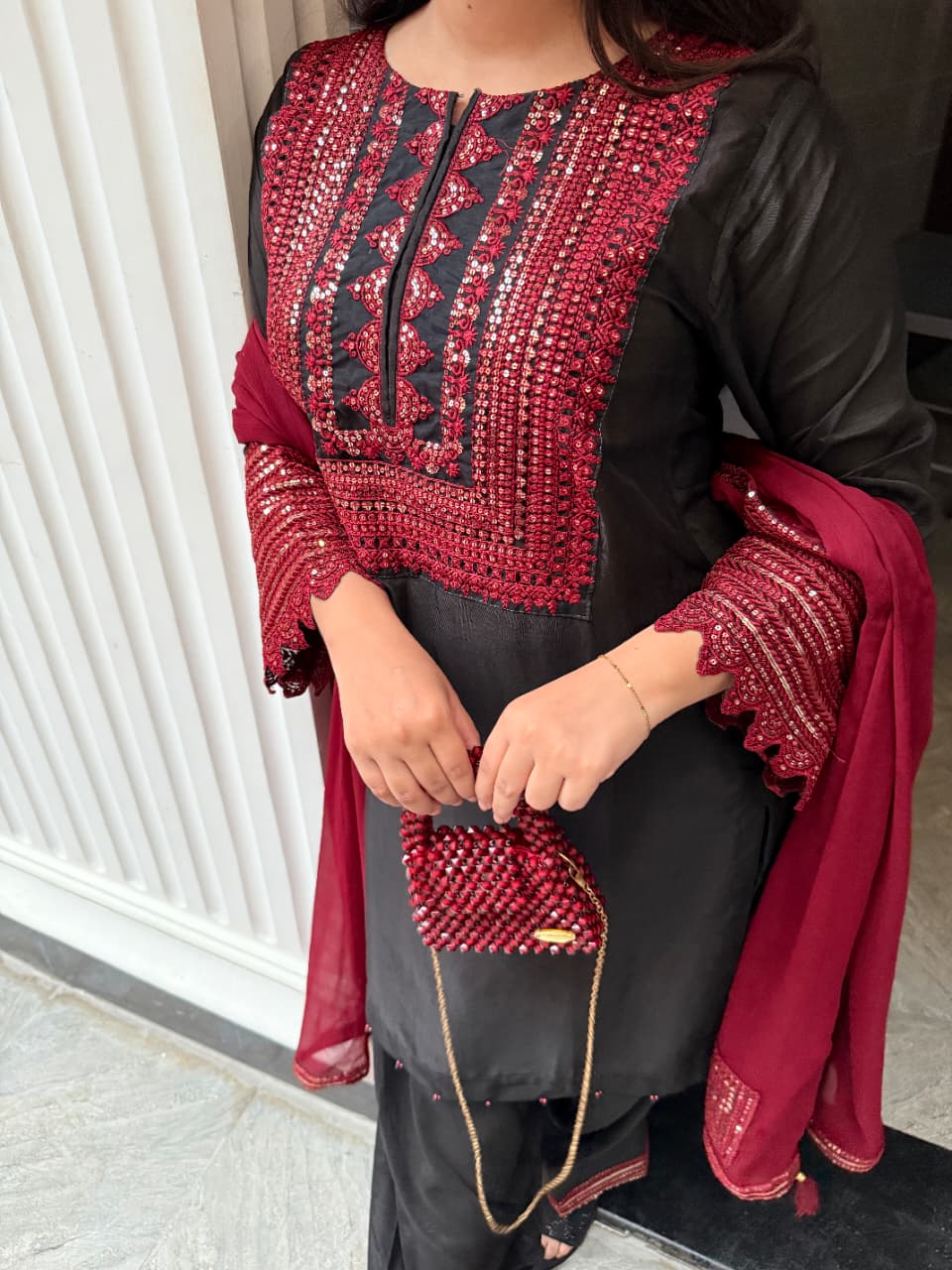 Exclusive Raw Silk Cut Work 3pc Suit ( BLACK )