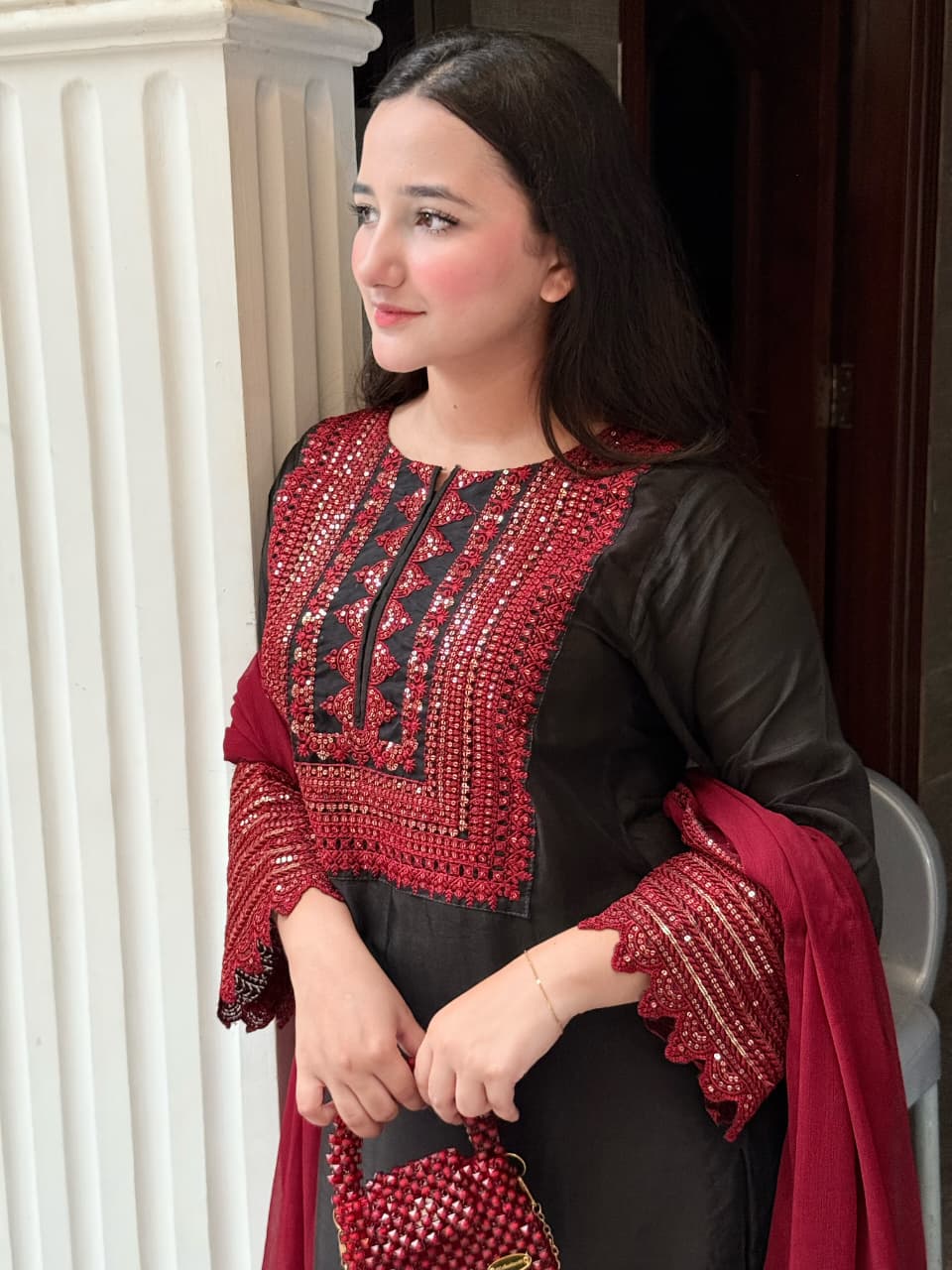 Exclusive Raw Silk Cut Work 3pc Suit ( BLACK )