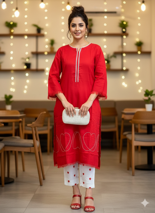 Boho Heart-Embroidered Red & White Cotton Lawn Suit