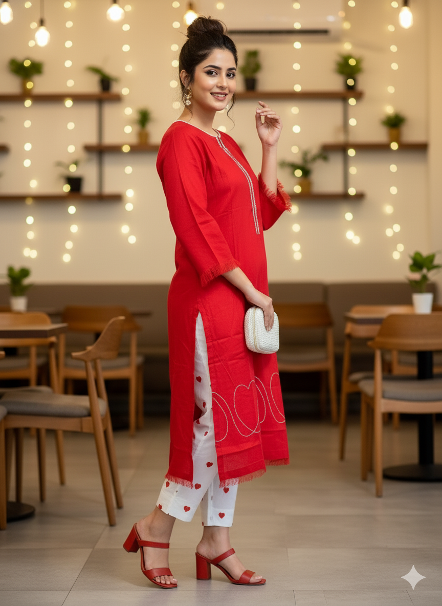 Boho Heart-Embroidered Red & White Cotton Lawn Suit