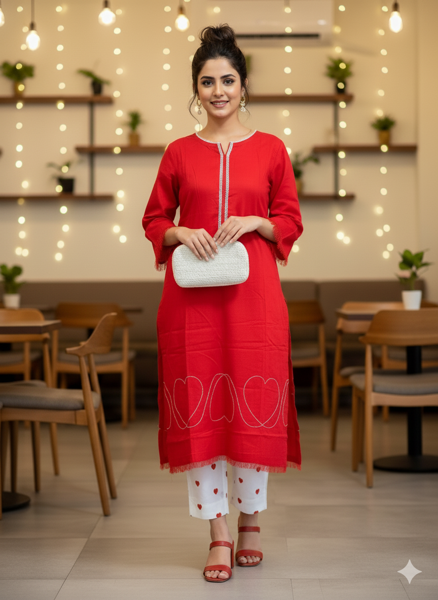 Boho Heart-Embroidered Red & White Cotton Lawn Suit