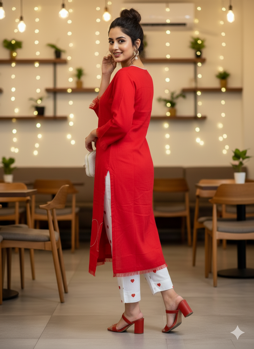 Boho Heart-Embroidered Red & White Cotton Lawn Suit