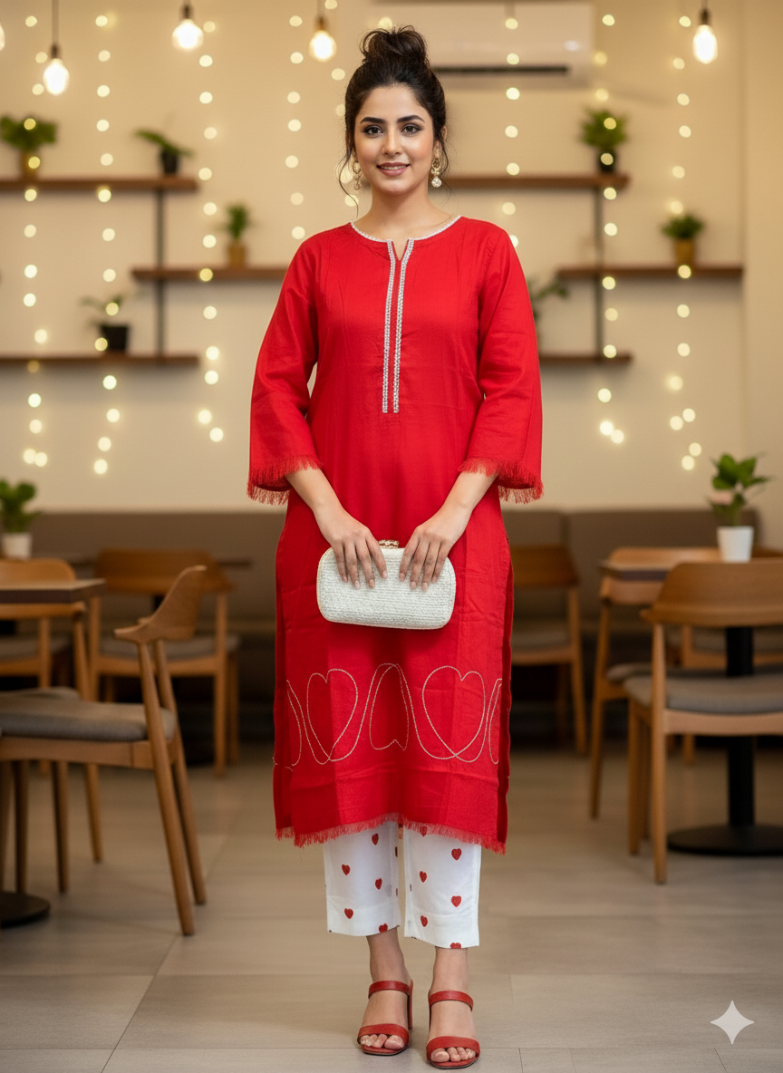 Boho Heart-Embroidered Red & White Cotton Lawn Suit