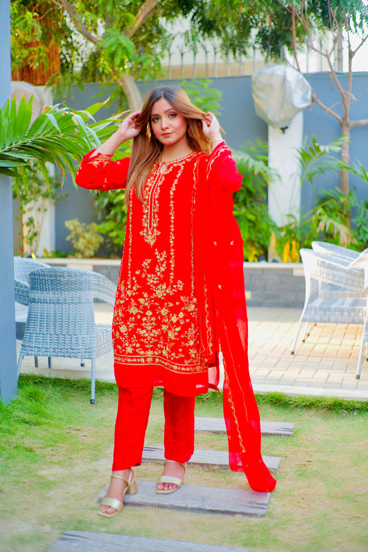 HA RED CHIFFON 3PC SUIT