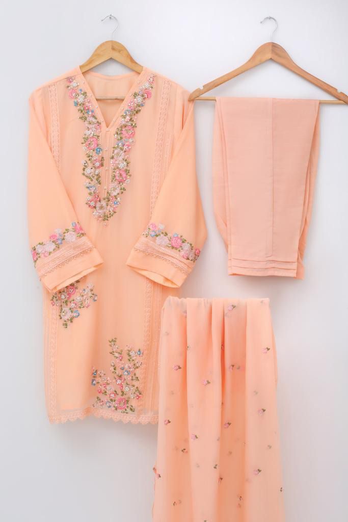 CHIFFON 3PC SUIT(Eshaal Peach)