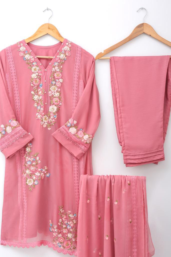 CHIFFON 3PC SUIT(Eshaal Ruddy Pink)