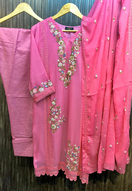 CHIFFON 3PC SUIT(Eshaal Ruddy Pink)