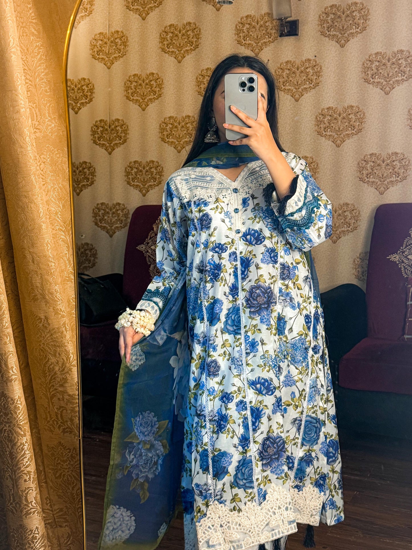 3pc Blue Lawn Printed Lawn With Chiffon Dupatta