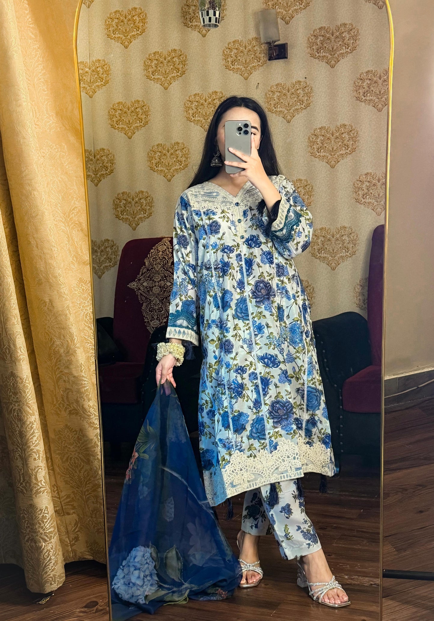 3pc Blue Lawn Printed Lawn With Chiffon Dupatta