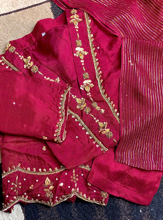 Red - Raw Silk 3pc Suit