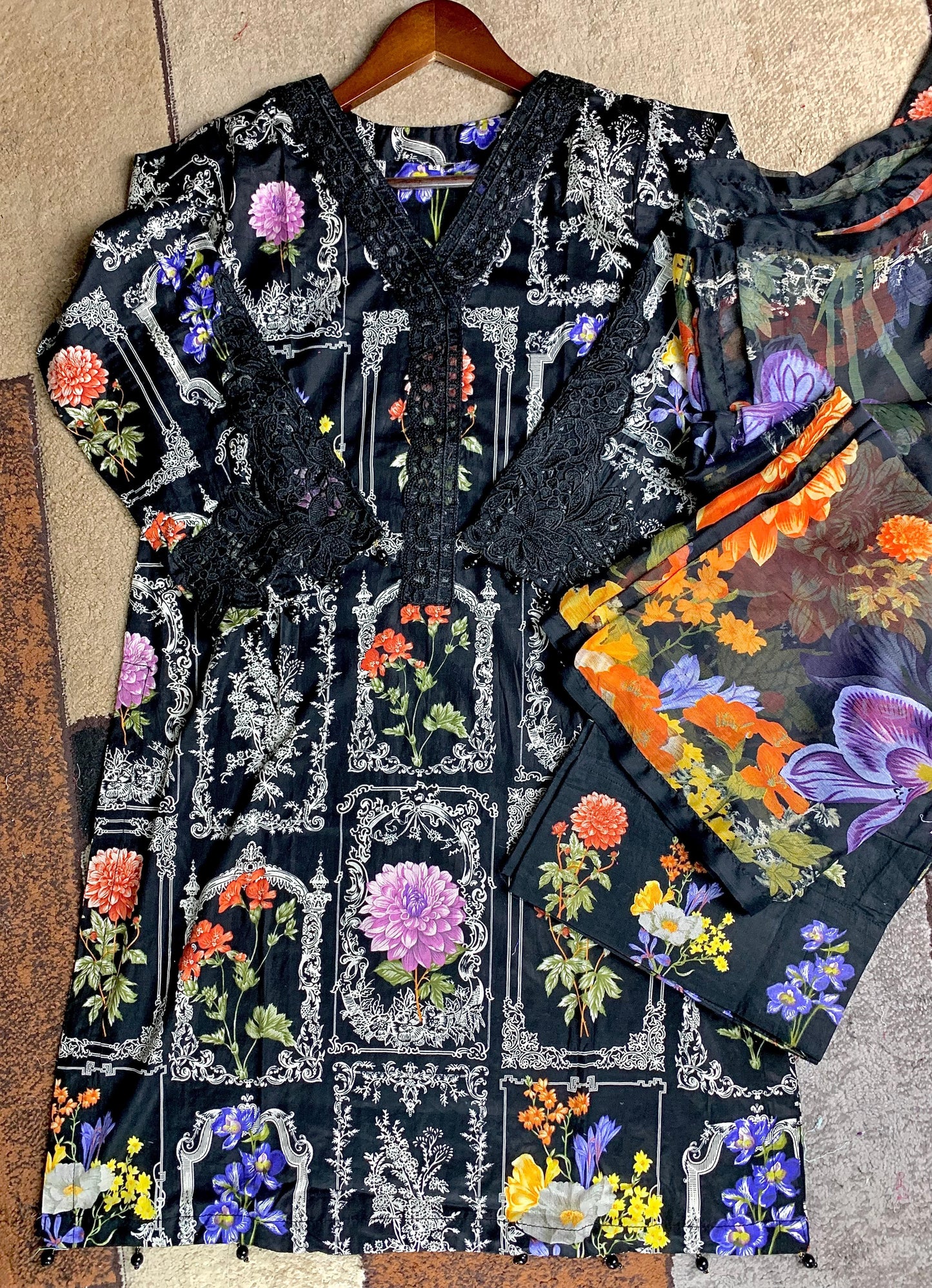Black- Farachi Lawn 3- Piece Suit