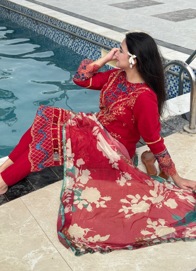 Fully Embroidered & Cut Work Cotton Lawn 3pc Suit ( RED )