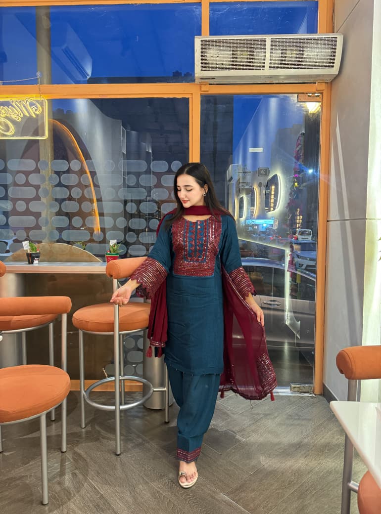 Exclusive Raw Silk Cut Work 3pc Suit ( ZINK)