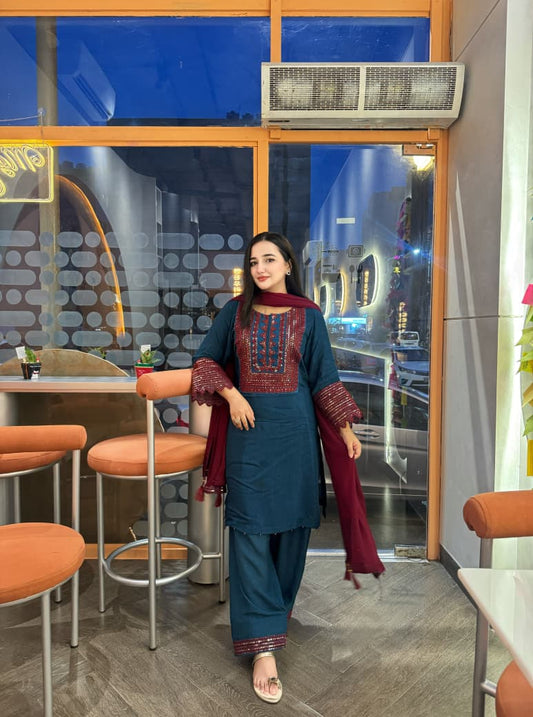 Exclusive Raw Silk Cut Work 3pc Suit ( ZINK)