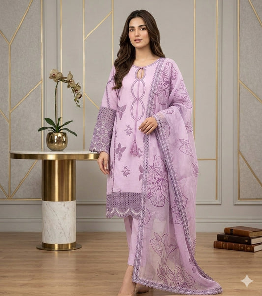 Hania-Embroidered Lawn & Chiffon 3-Piece Suit