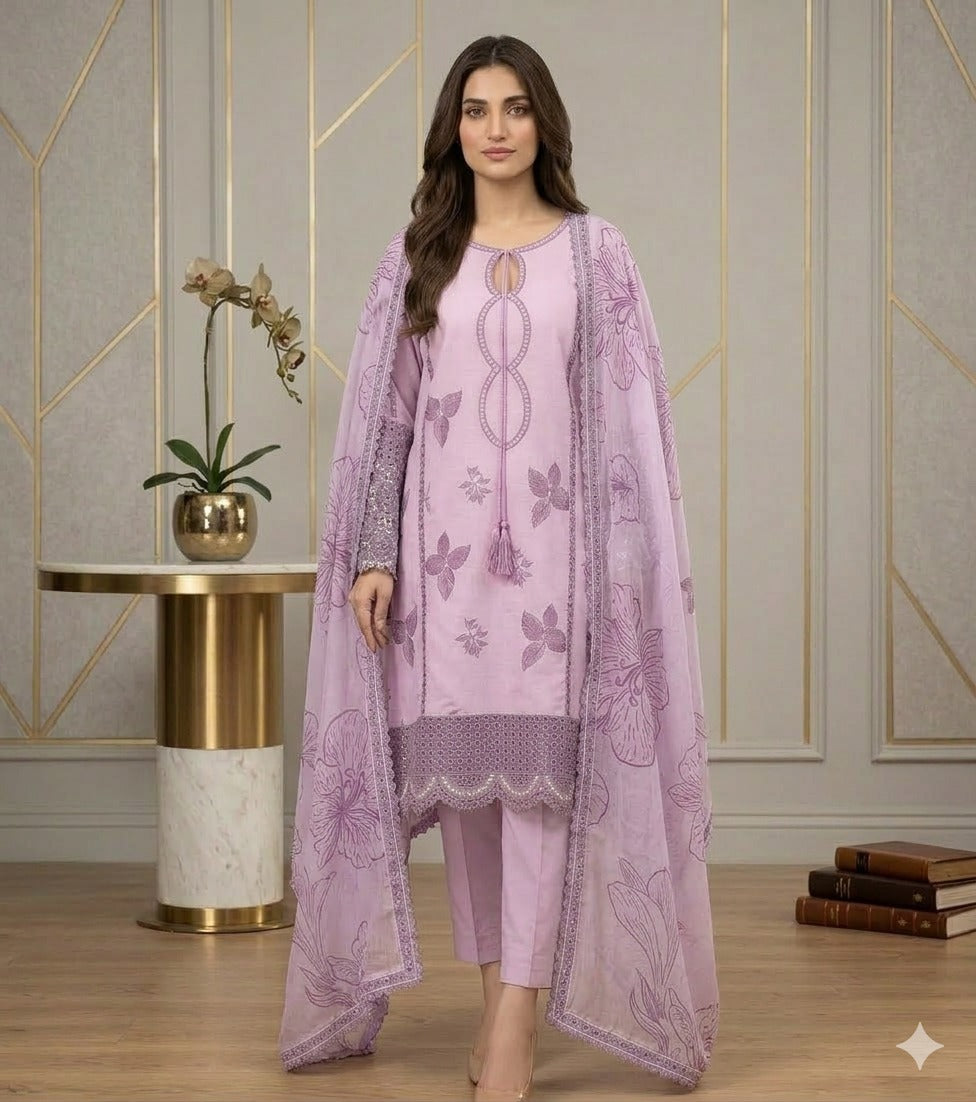 Hania-Embroidered Lawn & Chiffon 3-Piece Suit