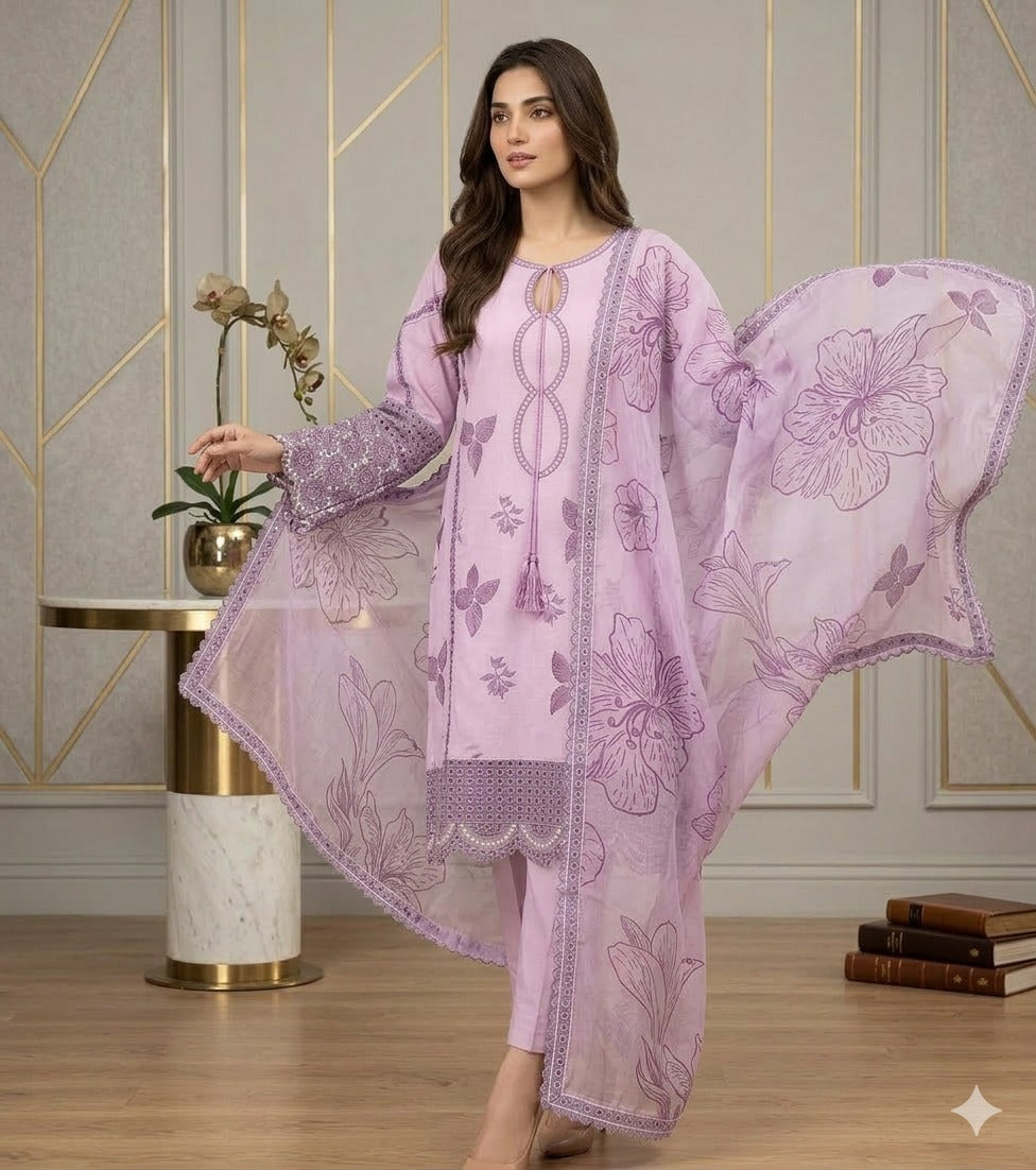 Hania-Embroidered Lawn & Chiffon 3-Piece Suit