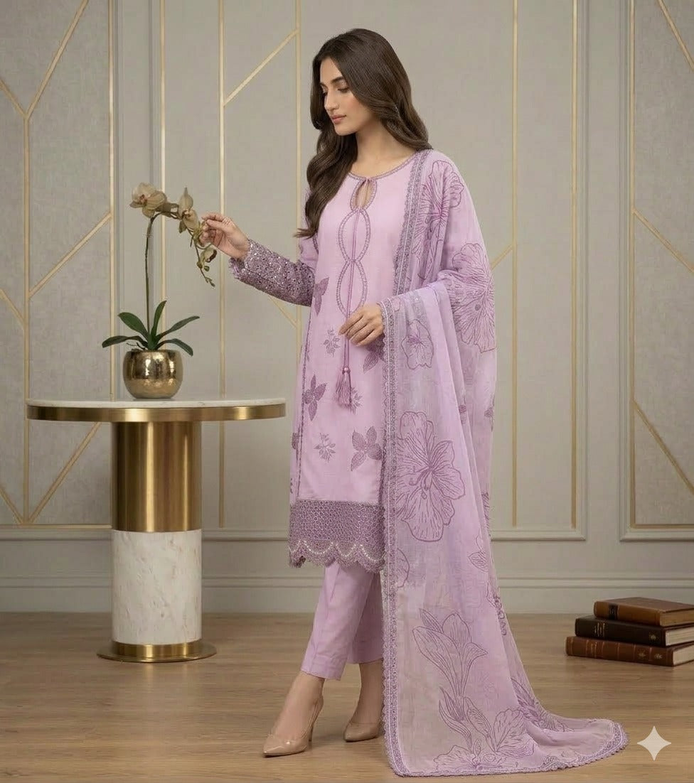 Hania-Embroidered Lawn & Chiffon 3-Piece Suit