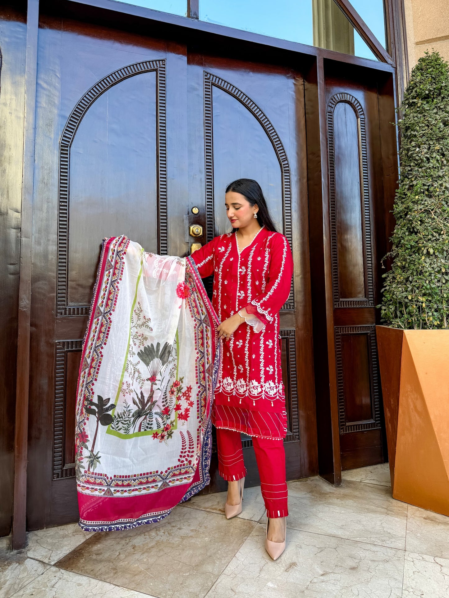 Red - Embroidered Lawn 3 - Piece Suit