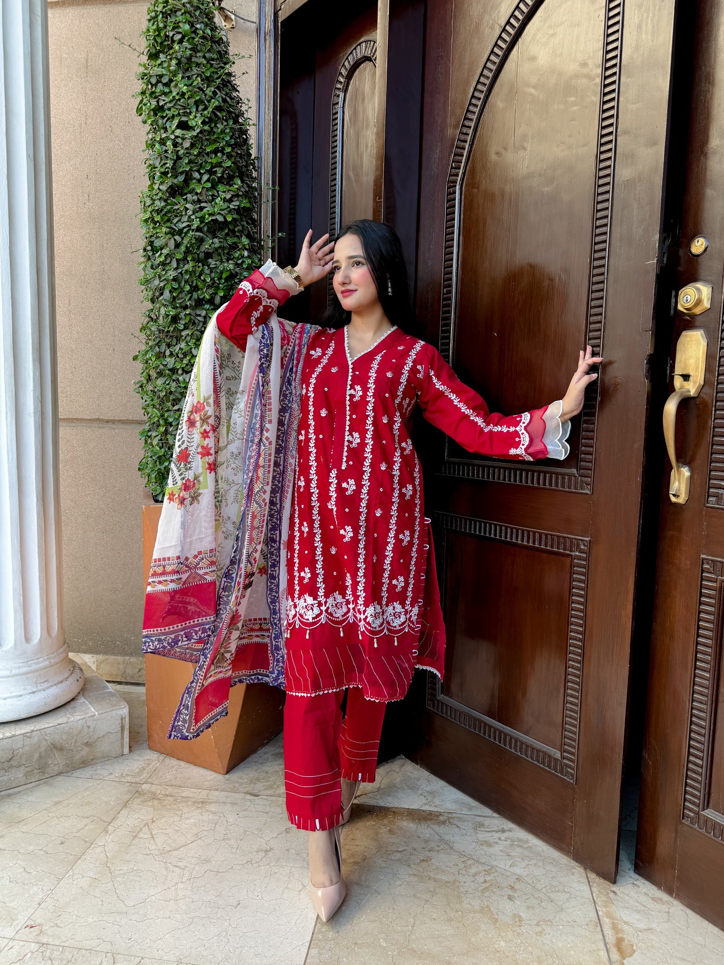 Red - Embroidered Lawn 3 - Piece Suit