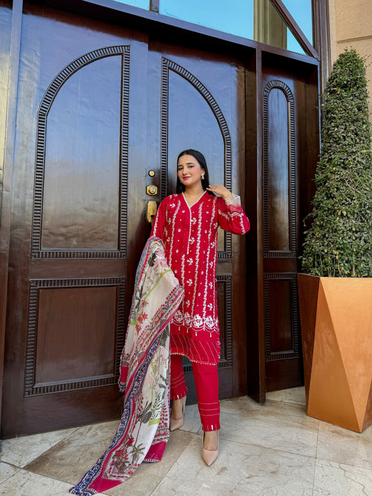 Red - Embroidered Lawn 3 - Piece Suit