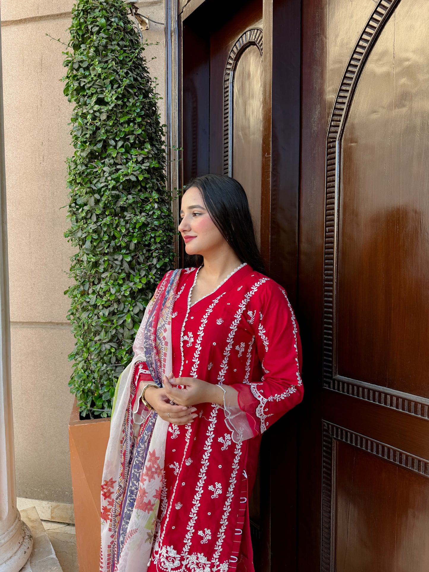 Red - Embroidered Lawn 3 - Piece Suit